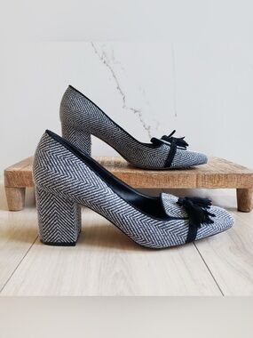 Ann Taylor Herringbone Tassel High Block Heel Pumps Shoes